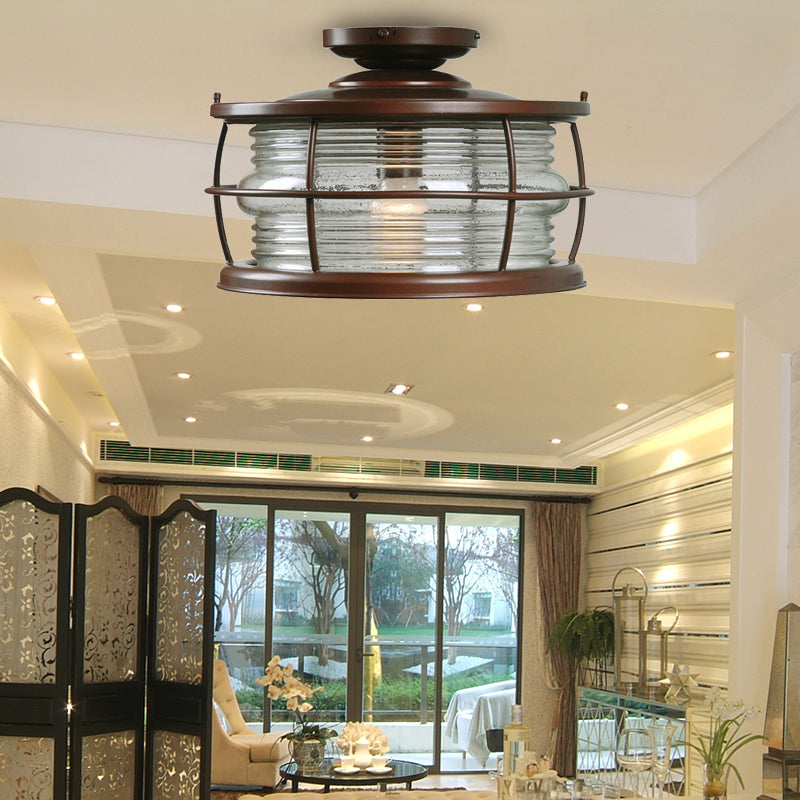 Dark Coffee Caged Metal Semi Mount Ceiling Light For Classic Living Room 1-Light