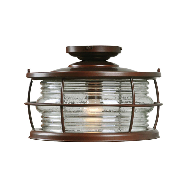 Dark Coffee Caged Metal Semi Mount Ceiling Light for Classic Living Room, 1-Light