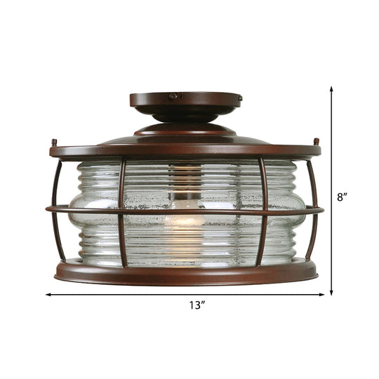 Dark Coffee Caged Metal Semi Mount Ceiling Light for Classic Living Room, 1-Light