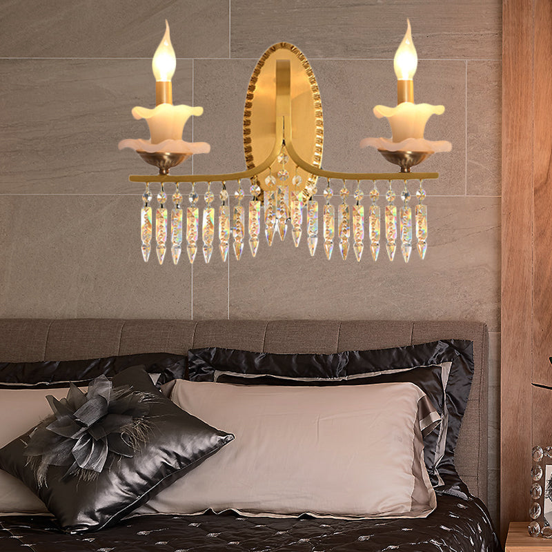 Retro Brass Candle Sconce Light Fixture With Crystal Accents - Wall Mounted Lighting (2 Lights)