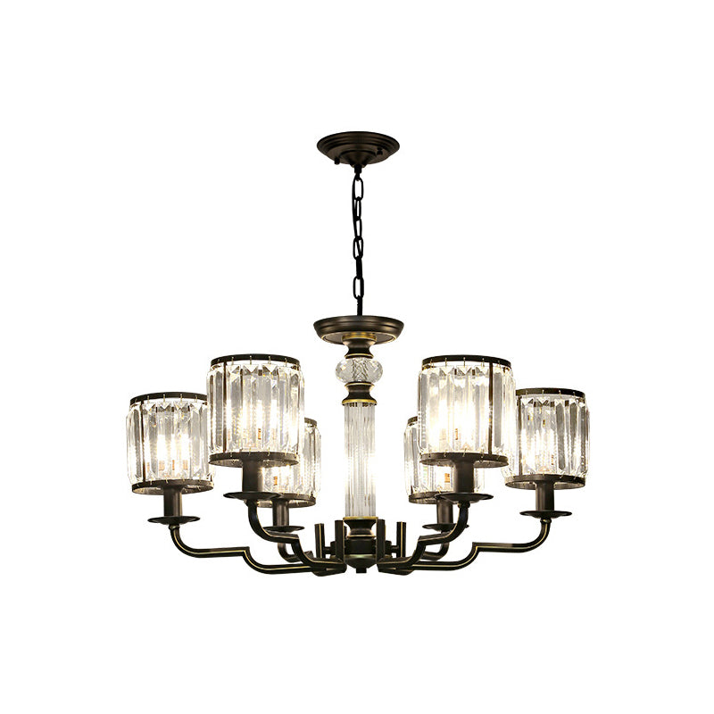 Contemporary Crystal Chandelier: Black Cylinder Pendant Light With Adjustable Chain - 3/6 Lights