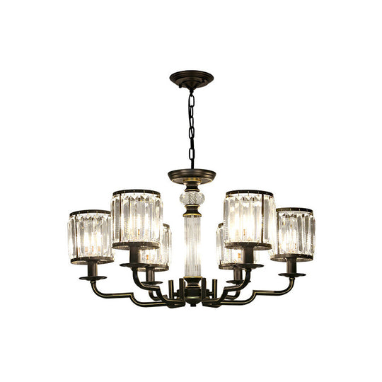 Contemporary Crystal Chandelier: Black Cylinder Pendant Light With Adjustable Chain - 3/6 Lights