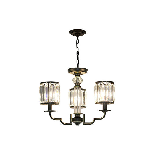 Contemporary Crystal Chandelier: Black Cylinder Pendant Light With Adjustable Chain - 3/6 Lights