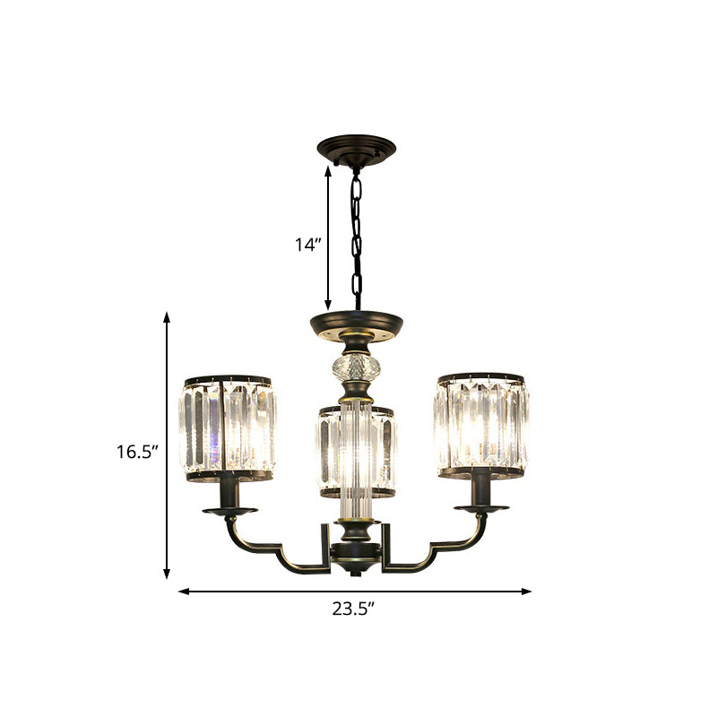 Contemporary Crystal Chandelier: Black Cylinder Pendant Light With Adjustable Chain - 3/6 Lights