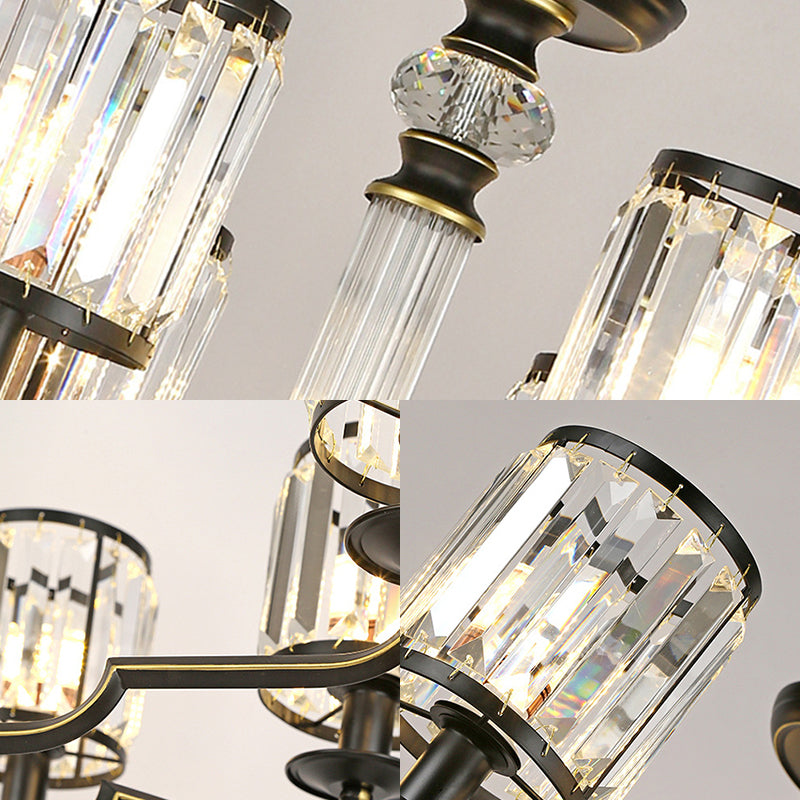 Contemporary Crystal Chandelier: Black Cylinder Pendant Light With Adjustable Chain - 3/6 Lights