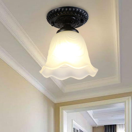 Flared Classical White Glass Flush Mount Lamp With Black Ceiling Lighting - 1 Light