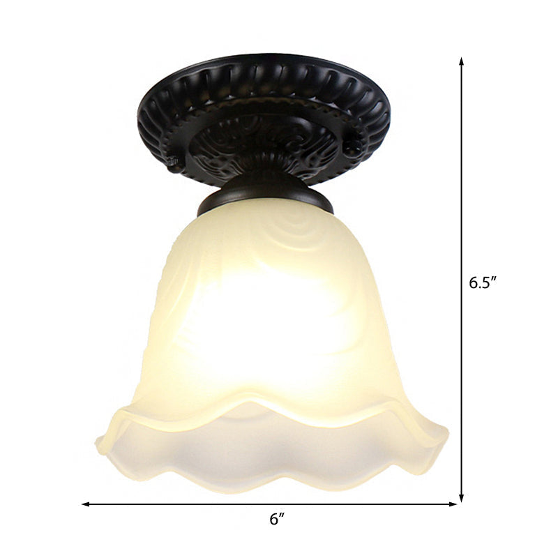 Flared Classical White Glass Flush Mount Lamp With Black Ceiling Lighting - 1 Light