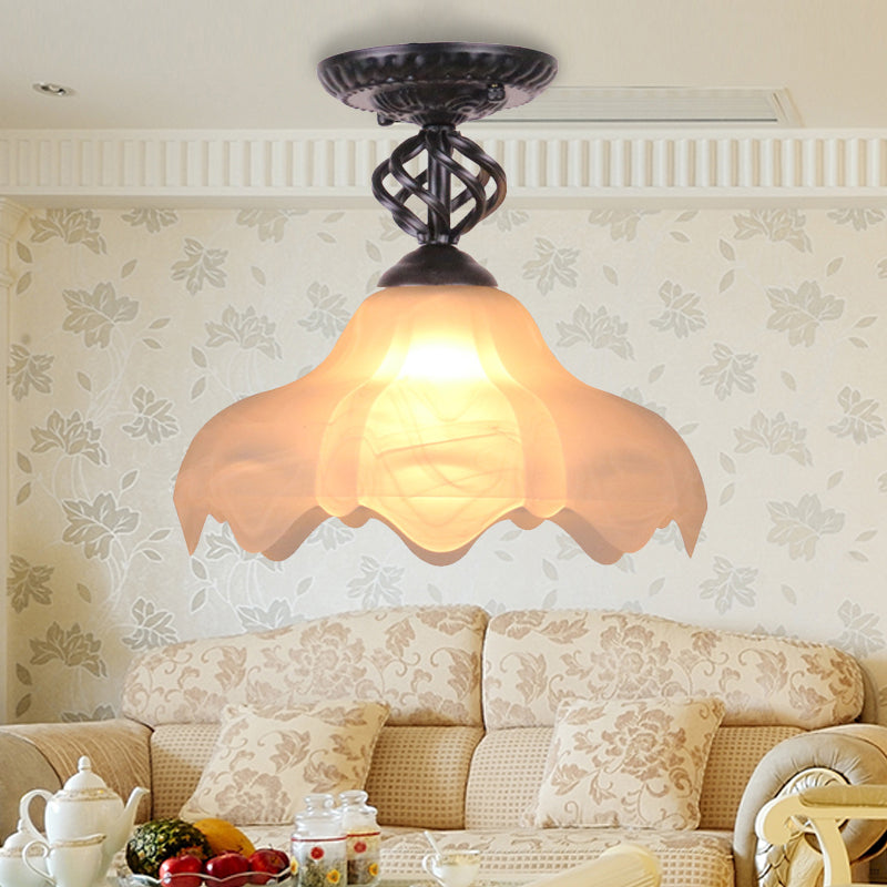 Traditional Scalloped Frosted Glass 1-Light Semi Flush Mount Ceiling Light In Black/White For