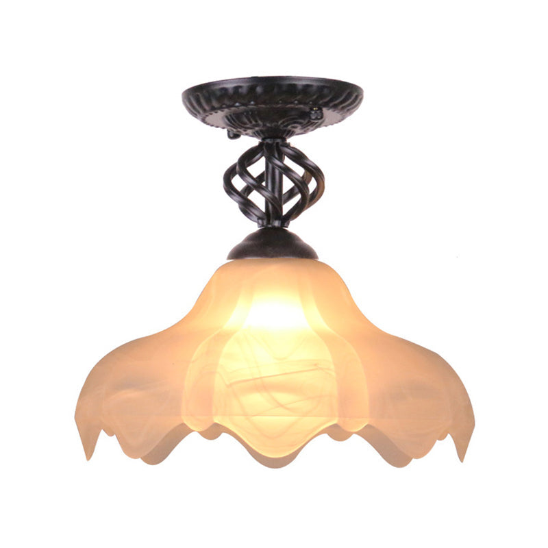 Traditional Scalloped Frosted Glass 1-Light Semi Flush Mount Ceiling Light In Black/White For