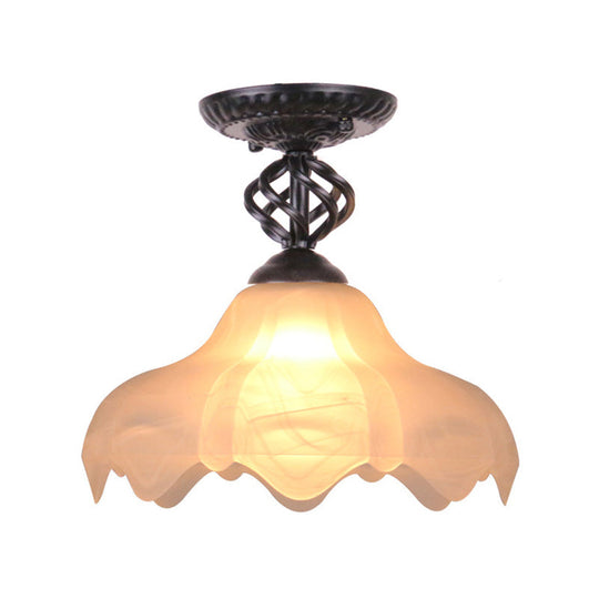 Traditional Scalloped Frosted Glass 1-Light Semi Flush Mount Ceiling Light In Black/White For