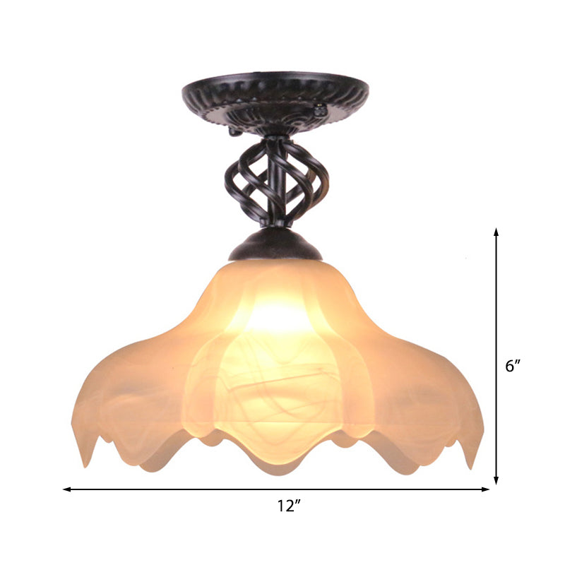 Traditional Scalloped Frosted Glass 1-Light Semi Flush Mount Ceiling Light In Black/White For