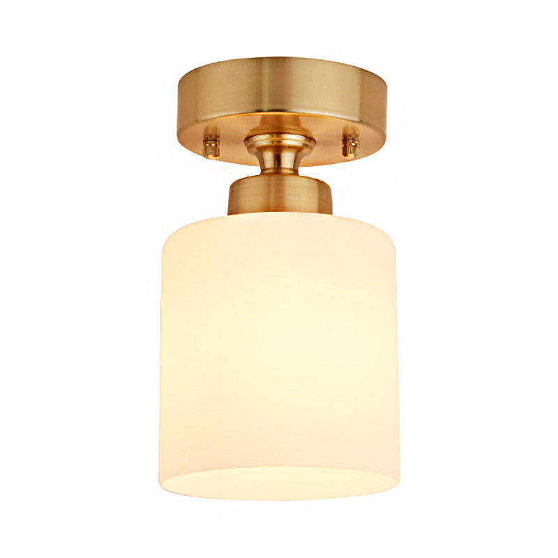 Traditional Gold Cylinder Glass Flush Fixture - 1 Light Living Room Ceiling