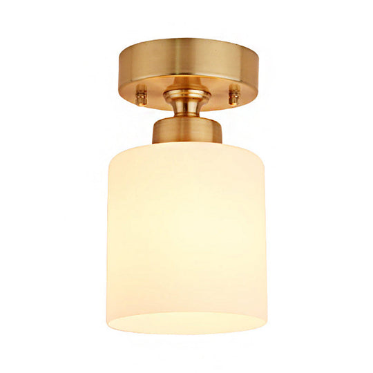 Traditional Gold Cylinder Glass Flush Fixture - 1 Light Living Room Ceiling