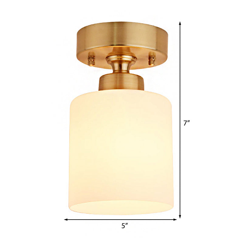 Traditional Gold Cylinder Glass Flush Fixture - 1 Light Living Room Ceiling