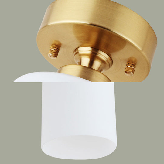 Traditional Gold Cylinder Glass Flush Fixture - 1 Light Living Room Ceiling