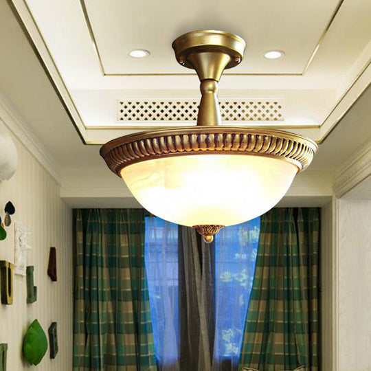 Classic Frosted Glass Domed Semi Flush Brass LED Ceiling Light for Corridor - Warm/White Light