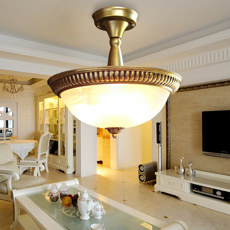 Classic Frosted Glass Domed Semi Flush Brass LED Ceiling Light for Corridor - Warm/White Light