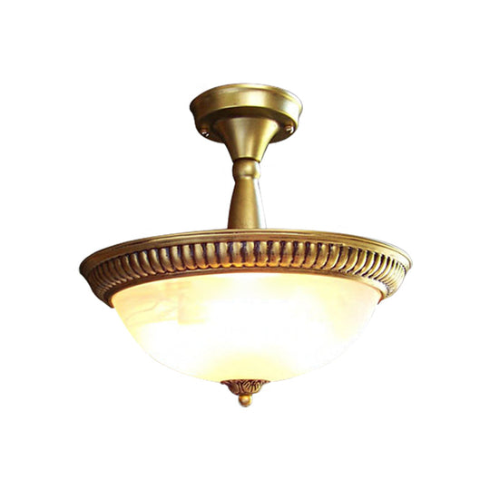 Classic Frosted Glass Domed Semi Flush Brass LED Ceiling Light for Corridor - Warm/White Light