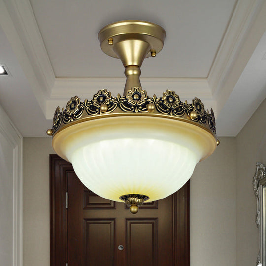 Traditional Bronze Semi Flush Ceiling Light with Frosted Glass Shade - 3 Lights for Corridors