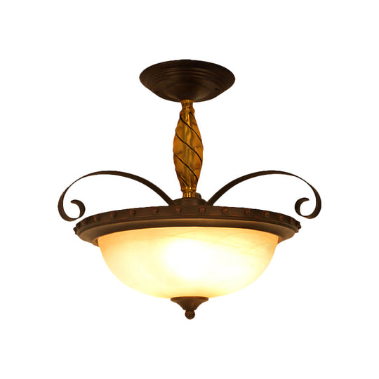 Traditional Frosted Glass Semi Flush Light with 3 Lights for Bedroom Ceiling - Brown Bowl Lamp