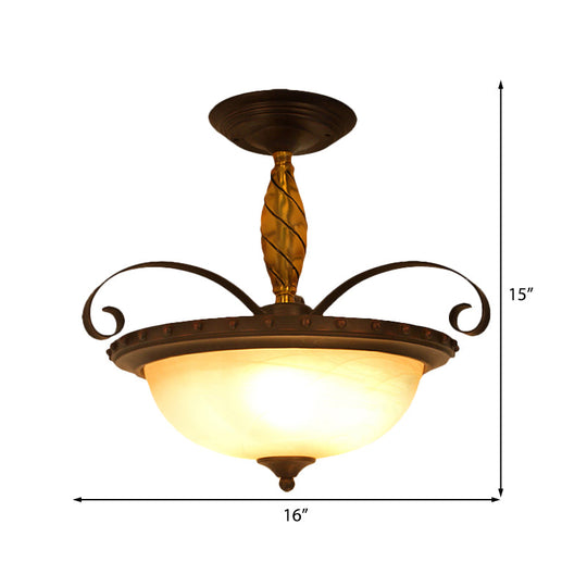 Traditional Frosted Glass Semi Flush Light with 3 Lights for Bedroom Ceiling - Brown Bowl Lamp