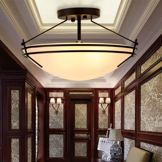 Frosted Glass Semi Flush Ceiling Light Fixture - Traditional 3-Light Bowl Design in Black