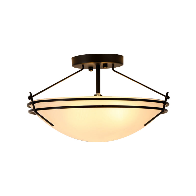 Frosted Glass Semi Flush Ceiling Light Fixture - Traditional 3-Light Bowl Design in Black