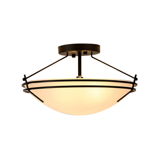 Frosted Glass Semi Flush Ceiling Light Fixture - Traditional 3-Light Bowl Design in Black