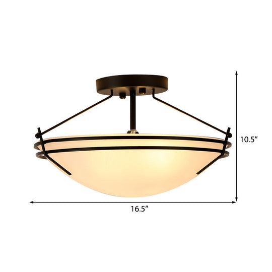 Frosted Glass Semi Flush Ceiling Light Fixture - Traditional 3-Light Bowl Design in Black