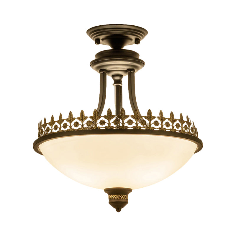 Semi Flush Mount Traditional Frosted Glass Ceiling Light with 3 Lights - White Bowl Shape for Living Room