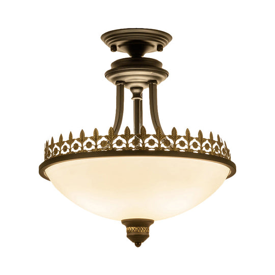 Semi Flush Mount Traditional Frosted Glass Ceiling Light with 3 Lights - White Bowl Shape for Living Room