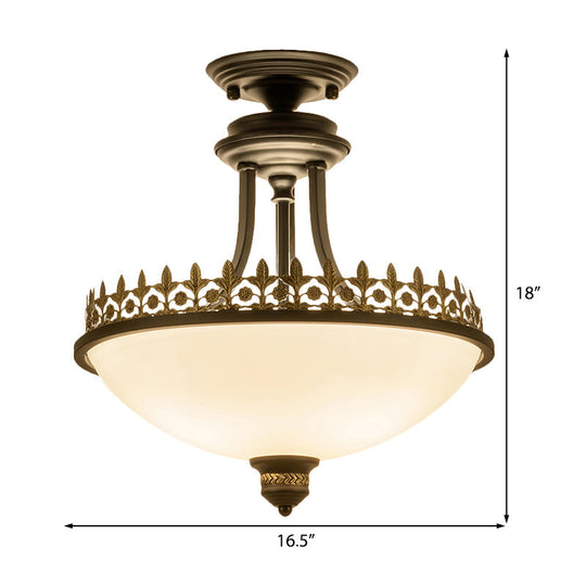 Semi Flush Mount Traditional Frosted Glass Ceiling Light with 3 Lights - White Bowl Shape for Living Room