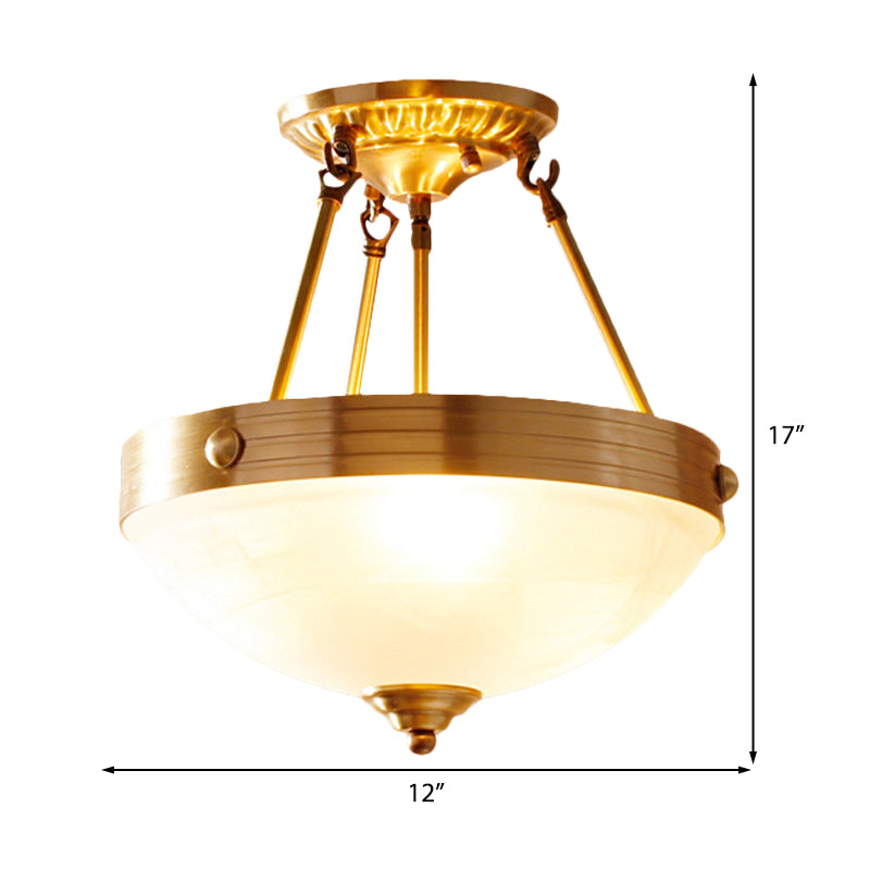 Traditional Frosted Glass Bowl Semi Flush Light - Gold 3 Lights For Dining Room 12/16/19.5 Wide