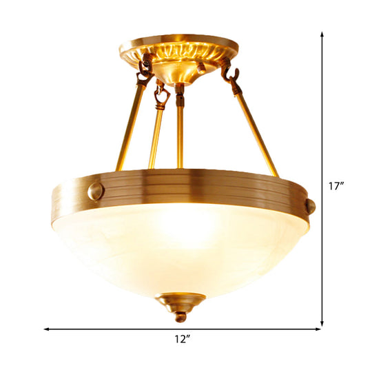 Traditional Frosted Glass Bowl Semi Flush Light - Gold 3 Lights For Dining Room 12/16/19.5 Wide