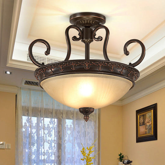 Semi Flush Corridor Ceiling Lamp with Frosted Glass Bowl Shade, Traditional Brown, 3-Light