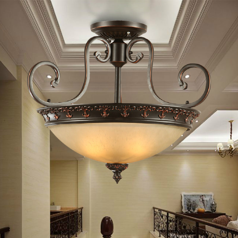 Semi Flush Corridor Ceiling Lamp with Frosted Glass Bowl Shade, Traditional Brown, 3-Light