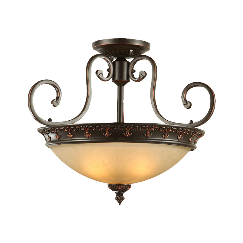 Semi Flush Corridor Ceiling Lamp with Frosted Glass Bowl Shade, Traditional Brown, 3-Light