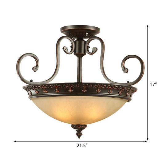 Semi Flush Corridor Ceiling Lamp with Frosted Glass Bowl Shade, Traditional Brown, 3-Light