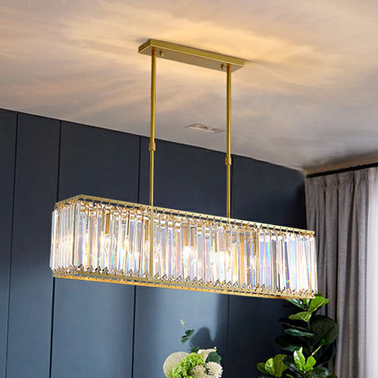 Contemporary Gold Rectangular Island Pendant Light With Tri-Prism Crystal Accents - 3 Bulbs Dining