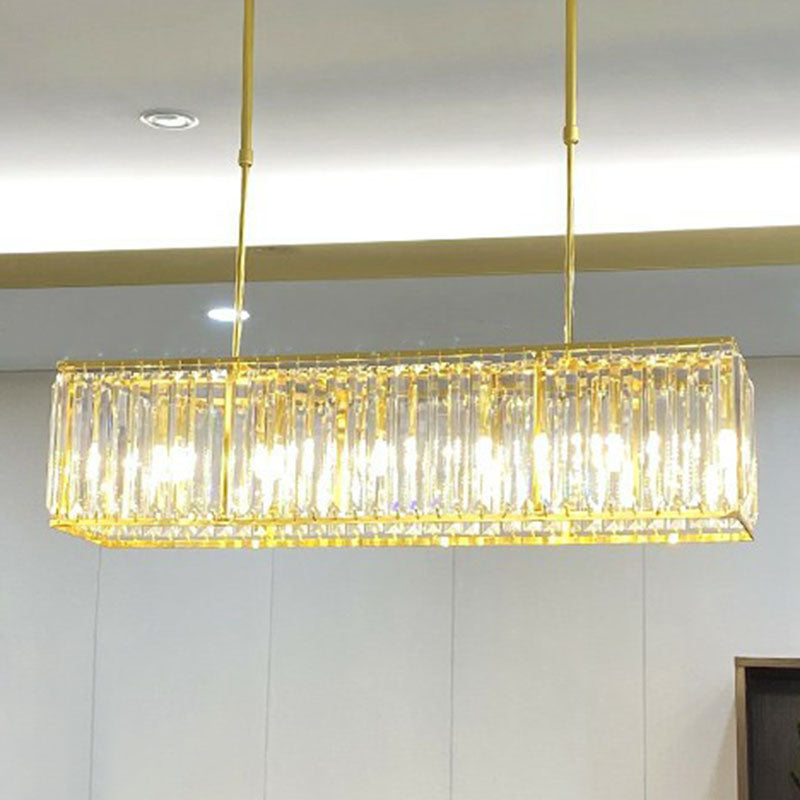 Contemporary Gold Rectangular Island Pendant Light With Tri-Prism Crystal Accents - 3 Bulbs Dining