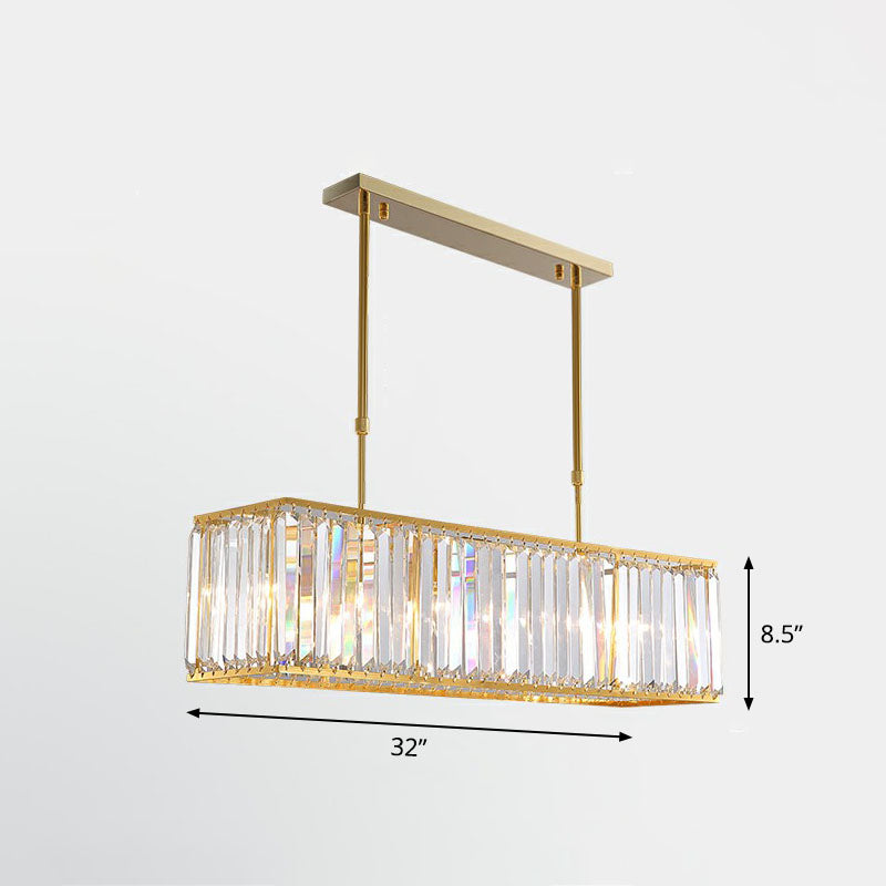 Contemporary Gold Rectangular Island Pendant Light With Tri-Prism Crystal Accents - 3 Bulbs Dining