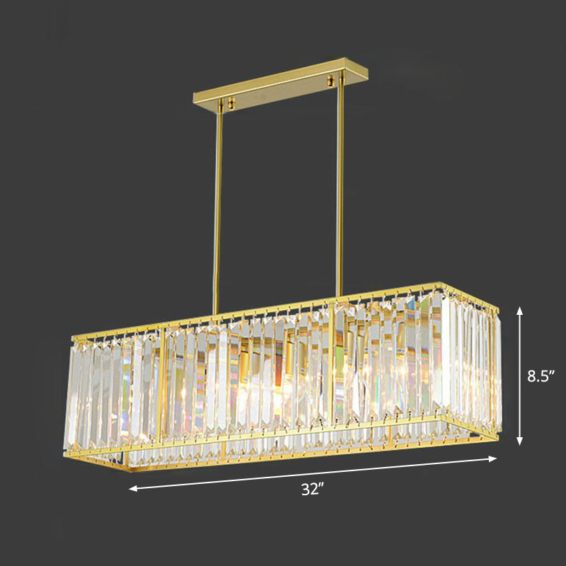 Contemporary Gold Rectangular Island Pendant Light With Tri-Prism Crystal Accents - 3 Bulbs Dining