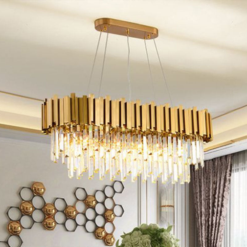 Gold Prismatic Crystal 5-Head Postmodern Oval Hanging Light For Dining Room Island Ceiling