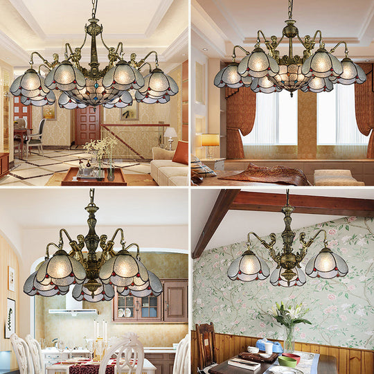 Bronze Flower Chandelier With Scalloped Tiffany Style Ripple Glass Pendant Light