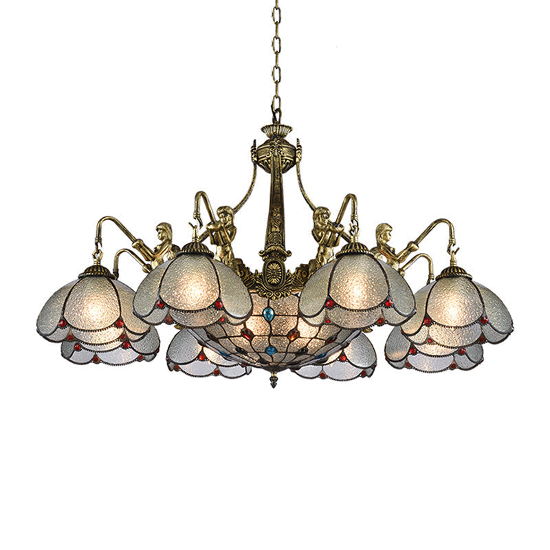 Bronze Flower Chandelier With Scalloped Tiffany Style Ripple Glass Pendant Light 9 /