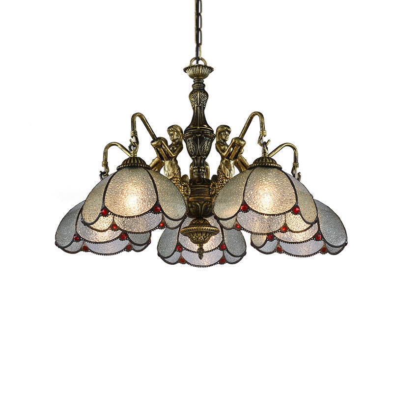 Bronze Flower Chandelier With Scalloped Tiffany Style Ripple Glass Pendant Light 5 /