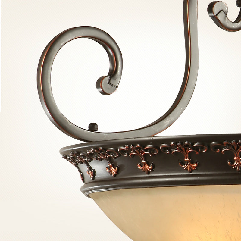 Semi Flush Corridor Ceiling Lamp With Frosted Glass Bowl Shade Traditional Brown 3-Light