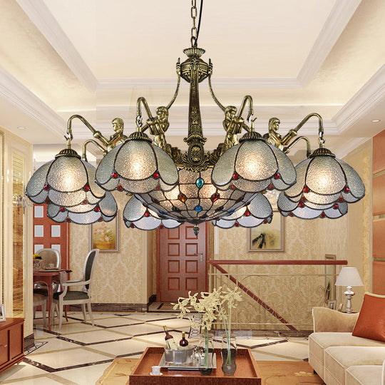 Bronze Flower Chandelier With Scalloped Tiffany Style Ripple Glass Pendant Light