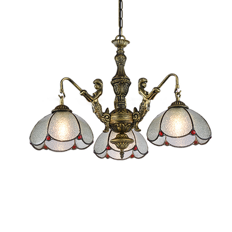 Bronze Flower Chandelier With Scalloped Tiffany Style Ripple Glass Pendant Light 3 /