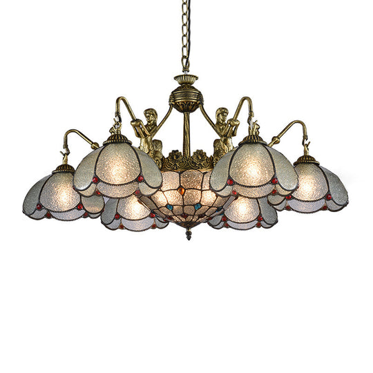 Bronze Flower Chandelier With Scalloped Tiffany Style Ripple Glass Pendant Light